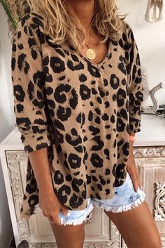 Brown Casual Leopard Print Long Sleeves T-shirt Casual Leopard Print T-shirt For Fall, Casual Leopard Print Crew Neck T-shirt, V-neck Letter Print T-shirt For Fall, Casual Brown V-neck Top, Leopard Print Tops For Spring, Trendy Leopard Print V-neck Top, Casual Printed Fall T-shirt, Casual Printed T-shirt For Fall, Brown Printed Tops For Spring