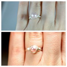 Light Pink Pearl Ring Wire Wrapped Jewelry by JessicaLuuJewelry Nickel-free Pink Rings For Gifts, Adjustable Pink Rings For Wedding, Adjustable Pink Ring For Anniversary, Pink Pearl Ring For Wedding, Handmade Blush Jewelry For Gifts, Handmade Pink Rings For Anniversary, Delicate Pink Sterling Silver Rings, Dainty Pink Ring As Gift, Dainty Pink Ring For Gift