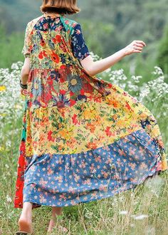 Yellow Patchwork Summer Dresses, Yellow Summer Dresses With Patchwork, Yellow Patchwork Maxi Dress For Summer, Quilt Dress, Mori Girl Fashion, Loose Dresses, Flare Sleeve Dress, Dress Stand, Printed Cotton Dress