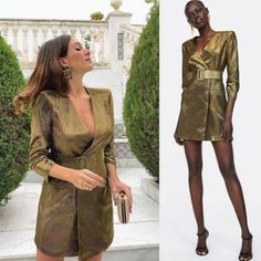 New With Tags Zara Metallic Thread Blazer Dress Size Small ***Does Not Come With Belt*** Measurements Taken Flat: 14" Shoulder 15" Bust 13" Waist 32" Length Ezd1 Wrap Blazer, Zara Gold, Zara New, Zara Dress, Metallic Thread, Metallic Colors, Blazer Dress, Zara Dresses, Popular Style