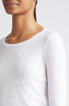 Be classically cool in this cropped long sleeve T-shirt crafted from soft organic cotton. Crewneck Long sleeves 100% organic cotton Machine wash, line dry Imported Classic Long Sleeve Tops For Everyday, Everyday Cotton Stretch Long Sleeve Top, Everyday Stretch Cotton Long Sleeve Top, Cotton Stretch Long Sleeve Top For Everyday, Everyday Relaxed Fit Top With 3/4 Sleeves, Fitted Organic Cotton Top For Fall, White 3/4 Sleeve Tops For Layering, Organic Cotton Long Sleeve Spring Tops, Organic Cotton Long Sleeve Tops For Layering