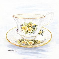 a drawing of a cup and saucer with flowers on it