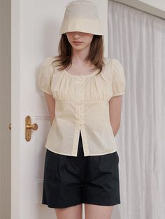 Composition : 100% cottonColor : Yellow BeigeCountry of Origin : Republic of Korea Summer Cotton Puff Sleeve Top, Cotton Puff Sleeve Top For Summer, Spring Cotton Puff Sleeve Top With Short Sleeves, Summer Puff Sleeve Cotton Blouse, Spring Cotton Puff Sleeve Top For Workwear, Cotton Puff Sleeve Blouse For Summer, Chic Cotton Puff Sleeve Top For Daywear, Fitted Cotton Puff Sleeve Top For Daywear, Beige Cotton Puff Sleeve Top For Summer