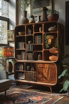 a book shelf with many books and vases on it in the corner of a room