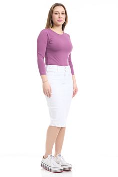 The Esteez Miami white denim skirt is a classic, tznius below the knee jean skirt that features a soft, stretch denim in conjunction with two sewn in concealed panels, one for tummy control, while the other gives a 'lift, slim and shape' to create a complimenting silhouette. With front pockets that can fit most smartphones, this skirt is an essential for your casual wardrobe. Available in sizes 0 to plus size 18 Butter denim jean skirt Very stretchy, soft fabric One-button closure Tummy control Fitted Knee-length Denim Skirt For Summer, Fitted White Denim Skirt, Casual White Cotton Pencil Skirt, Stretch Denim Knee-length Skirt, High Rise Fitted Cotton Pencil Skirt, Chic Stretch Denim Pencil Skirt, Casual White Denim Skirt For Fall, Chic Fitted Knee-length Denim Skirt, Chic Fitted White Denim Skirt