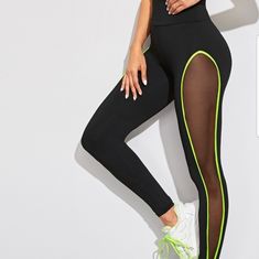 Neon Lime Contrast Binding Sheer Panel Leggings 90% Polyester 10% Spandex Panel Leggings, Activewear Fashion, Mode Online, Inspiration Mode, Bottom Clothes, Gym Wear, Sport Wear, Leggings Fashion, Primavera Estate