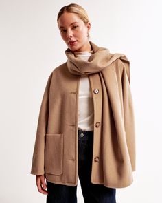 On-trend coat in our soft wool-blend fabric and mid-length silhouette, featuring front pockets, button-up front and a removable wool-blend scarf. Fall Outerwear With Buttoned Pockets And Fold Down Collar, Winter Outerwear With Button Closure And Fold Down Collar, Beige Winter Outerwear With Hidden Button Closure, Beige Outerwear With Hidden Button Closure For Winter, Winter Wool Outerwear With Button Cuffs, Wool Outerwear With Button Cuffs For Winter, Beige Winter Outerwear With Buttoned Pockets, Everyday Wool Outerwear With Pockets, Wool Outerwear With Pockets And Fold Down Collar