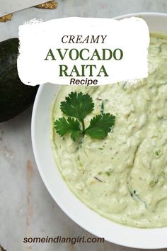 Avocado raita in a white bowl. Indian Yogurt Dip, Indian Yogurt, Gujarati Thali, Raita Recipe, Yogurt Dip, Mashed Avocado, Chaat Masala, Avocado Recipes