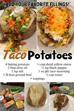 Baked potatoes stuffed with seasoned ground beef, cheese, avocado, and sour cream, surrounded by taco toppings and fresh ingredients. Simple Baked Potato, Taco Potatoes, Fluffy Baked Potatoes, Taco Fixings, Taco Toppings, Stuffed Baked Potatoes, Potatoes Easy, Pinky Girl, Food For Family