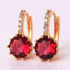 Feshionn IOBI Earrings Yellow Gold plated Ruby Red CZ Solitaire White Or Yellow Gold Hoop Earrings Delicate Bridal Earrings, Vintage Wedding Earrings, Wedding Earrings Vintage, Filigree Hoop Earrings, Ruby Color, Horse Earrings, Earrings Hoop, Zirconia Earrings, Cz Earrings