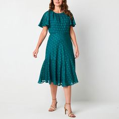 This Liz Claiborne women's jacquard midi dress is an elegant boho style perfect for warm-weather catch ups. This printed a-line dress has a gathered round neckline, short flutter sleeves and a ruffled skirt hem. Wear it with wedge heels or flat sandals. Closure Type: Loop & Button, ElasticNeckline: Round NeckSleeve Length: Short SleeveSleeve Style: Flutter SleeveApparel Length: 42.5 InchesDress Length: Midi LengthFiber Content: 100% PolyesterFabric Description: JacquardLining Material: Polyester Women's A Line Dresses, A Line Dresses, Ruffled Skirt, Flutter Sleeves, Dress Blue, Liz Claiborne, Flutter Sleeve, Flat Sandals, Wedge Heels