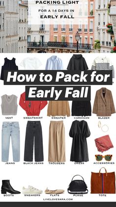 Light Layers Fall Outfit, Autumn Travel Outfit Packing Light, Two Week Outfits Travel Packing, Two Week Trip Outfits, One Week Travel Packing Lists, Fall Time Capsule Wardrobe 2023, Layering Travel Outfits, Two Week Capsule Wardrobe Fall, Europe Packing List September