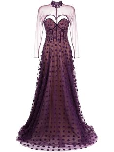 violet purple tulle overlay semi-sheer overlay polka dot embroidery bead detailing cut-out detailing bustier-style neckline concealed rear zip fastening long sleeves fitted waistline full skirt demi-train floor-length Evening Dress With Sheer Sleeves And Sweetheart Neckline, Evening Dress With Sheer Long Sleeves In Tulle, Long Sleeve Tulle Evening Dress With Sheer Sleeves, Purple Formal Dress With Sheer Bodice, Formal Purple Dress With Sheer Bodice, Sheer Bodice Long Sleeve Organza Dress, Long Sleeve Organza Evening Dress With Sheer Bodice, Purple Embellished Tulle Gown, Fitted Tulle Evening Dress With Sheer Sleeves