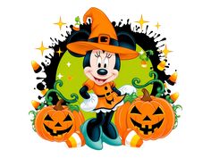 a mickey mouse with pumpkins in front of it and an orange witch's hat