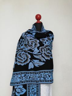 "Beautiful Mexican rebozo grecado, extra long, for cold season, with an original flower design. Our shawls are made with threads that are exquisitely combined with different techniques to create unique designs of high quality and soft textures that will make your shawl a unique piece Mexican textile art has centuries of history and creativity throughout the country. Mexico is recognized as one of the leading countries with a beautiful artistic production in the textile world, miraculous hands of Traditional Winter Shawl For Gift, Handmade Traditional Winter Shawl, Traditional Shawl Scarves As Gift, Traditional Blue Handloom Shawl, Traditional Pashmina Shawl As Gift, Pashmina Shawl For Gift, Pashmina Shawl As Gift, Traditional Shawl Dupatta For Gift, Traditional Blue Scarf As Gift