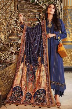 Gul Ahmed NS 12016 Royal Shawl 2021 Festival Lawn Suit In Jamawar With Naqshi Embroidery, Festival Lawn Suit With Naqshi In Jamawar, Festival Jamawar Lawn Suit With Naqshi, Blue Jamawar Lawn Suit For Festivals, Winter Long Sleeve Cambric Salwar Kameez, Traditional Winter Salwar Kameez In Cambric, Traditional Cambric Salwar Kameez For Winter, Winter Dabka Unstitched Cambric Suit, Traditional Winter Dupatta With Dabka Detail