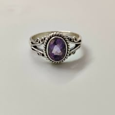 925 Sterling Silver Amethyst Ring, Purple Stone, Designer Ring, Healing Stone. #Handmade #DaintyBohoandHippie #AnniversaryBirthdayChristeningChristmasConfirmationCommunionEngagementFathersDayGraduationMothersDayValentinesDay Silver Ring Purple Stone, Amethyst Ring Aesthetic, Purple Gem Ring, Stephen Universe, Simple Stone Ring, Amethyst Ring Silver, Stone Ring Design, Purple Stone Ring, Cottagecore Jewelry