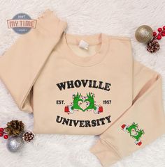 We kindly inform you that orders placed after November 28th will not be delivered in time for Christmas. WHY CHOOSE DontWMytime ✔ Preview design before production ✔ Best prices ✔ Easy embroidery customization ✔ Various embroidery placements ✔ Diverse colors and styles At our store, we specialize in personalized embroidered products for any occasion. Our unique, customizable items make perfect gifts for friends, family, or cherished keepsakes. Each hand-embroidered piece adds timeless beauty to y Embroidered Sweaters, Embroidered Products, Easy Embroidery, Green Monster, Christmas Green, Green Monsters, Embroidered Sweater, Sweatshirt Christmas, Embroidered Sweatshirt