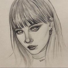 a pencil drawing of a girl with bangs and piercings on her head, looking straight ahead