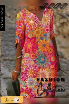 Women's Cotton Floral Print Dress Casual Multicolor Print V-neck Dress, Multicolor Printed V-neck Dress, Summer Printed Shift Midi Dress, Summer Shift Midi Dress With Print, Multicolor Knee-length Floral Dress, Multicolor Short Sleeve Summer Dress, Multicolor Floral Print Knee-length Mini Dress, Multicolor Knee-length Mini Dress For Spring, Orange A-line Summer Dress