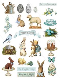 an easter sticker sheet with rabbits, eggs and bunnies on it's side