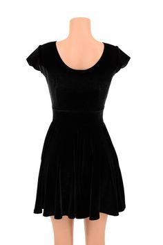 "This item is made to order, please read all the way through the listing before purchasing! This fun and flirty dress is made of plush black stretch velvet. This is high quality lycra velvet, soft and plush with four way stretch and a beautiful light reflecting shine. The bodice has darts for shape, and a stretchy banded waist. Cute little cap sleeves and a scoop neckline front and back. The hemline is a full circle cut, for tons of flirty, swingy movement when you walk. LENGTH: 27\" (from the u Black Fitted Velvet Party Dress, Fitted Black Velvet Dress For Party, Black Fitted Velvet Dress For Party, Fitted Velvet Dress For Night Out, Black Fitted Velvet Dress, Fitted Black Velvet A-line Dress, Black Velvet Knee-length Dress, Black Velvet Dress For Date Night, Black Fitted Knee-length Velvet Dress