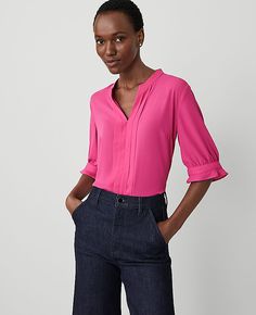 Elevate your wardrobe with the Ann Taylor Pleat Neck Popover Top, a stunning blend of style and comfort. This top features delicate pleats and charming ruffle cuffs that add a touch of sophistication to any outfit. 

- Size: XS
- Color: Hot Pink Poppy
- Material: 100% Polyester
- Gender: Female
- Fit: Blousy - our most relaxed fit
- Length: 25" long
- Care Instructions: Machine Washable

Designed for the modern woman, this top is perfect for both office wear and casual outings. The split neck an Feminine Pleated Blouse For Work, Pleated Blouse For Workwear, Pink Ruffle Sleeve Blouse For Work, Pleated Blouse For Work, Elegant Pintuck Tops For Workwear, Elegant Pintuck Tops For Work, Spring Workwear Blouse With Cuffs, Poppy Color, Pink Poppy