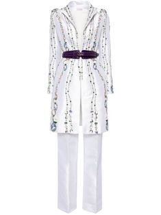 white/multicolour Jacket: bead embellishment peak lapels long sleeves belted waist Trousers: pressed crease straight leg Fitted White Embellished Outerwear, White Long Sleeve Jumpsuit, Bohemian Wedding Guest, Saiid Kobeisy, Evening Suit, Bead Embellishment, Suit White, Silk Jumpsuit, Off Shoulder Jumpsuit