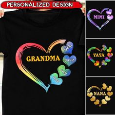 a woman holding up a t - shirt with the words grandma and hearts on it