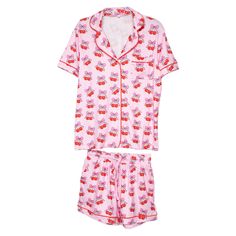 Get ready for Valentine's Day with our Cherry Bow Repeat Pajama Loungewear! This adorable set features a charming cherry bow print, perfect for adding a touch of sweetness to your customers' loungewear collection. Crafted from soft, high-quality fabric, these PJs offer both comfort and style, making them a must-have for the season. With Valentine's Day right around the corner, these are sure to be a hit. Order now to ensure your store is stocked up on this festive favorite! two piece matching set 95% polyester, 5% spandex machine wash cold, dry flat true to size front pocket on shirt has pockets button closure elastic waistband Summer Cotton Sleepwear With Strawberry Print, Spring Strawberry Print Sleepwear For Loungewear, Casual Strawberry Print Sleepwear For Pajama Party, Casual Sleepwear With Strawberry Print For Pajama Party, Cute Strawberry Print Sleepwear For Lounging, Casual Cotton Sleepwear With Strawberry Print, Sweet Summer Sleepwear, Sweet Pink Sleepwear, Sweet Pink Sleepwear For Loungewear