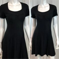 Vintage Carabella Medium Black Short Sleeve Pleated Stretchy Fit & Flare 80’s 90’s Dress Made In The Usa In Excellent Condition. Super Stretchy Slinky Fabric. Amazing Corset Style Bodice. An Awesome And Rare True Vintage Find!! Measurements Taken Laying Flat: Underarm To Underarm: 14” Waist:12.5” Hips:20'' Length From Shoulder To Hem: 33'' Fitted Retro Black Mini Dress, Retro Fitted Mini Dress For Night Out, Vintage Fitted Mini Dress With Square Neck, Retro Fitted Mini Dress For Date Night, Vintage Fitted Mini Dress With Short Sleeves, Black Fitted Vintage Mini Dress, Corset Flare Dress, Saloon Girl Costumes, Professional Dress For Women