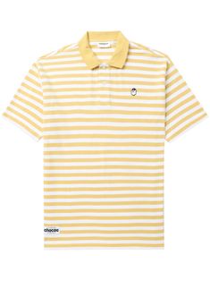 yellow/white cotton horizontal stripe print bear motif polo collar front button placket drop shoulder short sleeves straight hem Casual Striped Cotton Polo Shirt, Casual Striped Polo Shirt For Summer, Striped Short Sleeve Polo Shirt For Summer, Summer Striped Collared Polo Shirt, Striped Collared Polo Shirt For Summer, Summer Striped Polo Shirt, Summer Collared Polo Shirt With Horizontal Stripes, Striped Cotton Polo Shirt With Relaxed Fit, Casual Summer Polo Shirt With Striped Collar