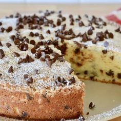 a chocolate chip cake on a plate with one slice cut out and ready to be eaten