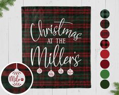 christmas at the milless with ornaments and plaid pattern on it, next to an ornament