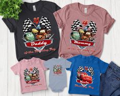 three children's cars birthday shirts with the characters from disney and pixama on them