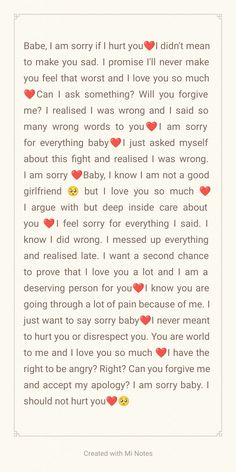 a letter written to someone with hearts on the bottom and words above it that say i am sorry if you didn't mean to make you