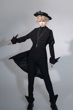 Black Ouji Fashion Waistcoat / Straight-leg Pants / Shirt / Bowknot Flat Hat / Silver Necklace Medieval Prince, Waistcoat Fashion, Long Waistcoat, Chara Design, Black Knight, High Neck Blouse, Gilet Long