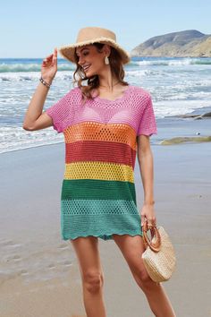 Be playful and stylish with our Christa Knit Crochet Striped Mini Dress! This unique dress features a knit crochet design and eye-catching multi colored stripes. Perfect for any occasion, this dress will keep you looking effortlessly cool and chic. Grab one today and make a statement! Size Guide: Model is 5’2” tall, and has a 33.2” bust, 24.5”waist, & 36.7” hips. She is wearing a S / US 4 / AU 8. This dress is true to size. Feature: Scallop Neckline. Short sleeves. Crochet stripe knit fabrication. Mini Length. Relax Fit. Scallop hem. Not Lined. Material: 100% Viscose. Care Instructions: Machine wash / Cold hand wash. Multicolor Crochet V-neck Dress, Multicolor Crochet Top For Spring Beach Cover-up, Green Crochet Knit Dress For The Beach, Casual Crochet Knit Dress As Beach Cover-up, Knit Crochet Top With Short Sleeves For Beach, Green Knit Crochet Dress For The Beach, Multicolor Knit Crochet Top With Crochet Trim, Casual Crochet Knit Dress For Beach, Casual Crochet Knit Dress For Beach Cover-up