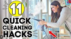 a woman is using a steam iron to clean her windows with the words 11 quick cleaning hacks