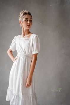 "This design linen dress is perfect for summer and fall! 100 % designed and handmade by Emsilk. I am pleased to offer your garments made to measure at no extra cost. * Detail: - Square neckline with lace - gathered waist with lace - Fit and flare bottom - Fully lined - Invisible zipper on the back - Mid-calf length (send me a request on the length) - High quality linen, washed linen, soft linen - The model is 5'6\" tall and wearing size S. * Care: - Dry clean or machine washed with cold water se Square Neck Linen Day Dress, White Cotton Linen Dress With Square Neck, Summer Brunch Puff Sleeve Dress With Lace Trim, Spring Chic Linen Dress With Square Neck, Chic Linen Dress With Square Neck For Spring, White Linen Square Neck Dress For Summer, White Linen Summer Dress With Square Neck, Spring Linen Dress With Square Neck, White Linen Dress With Square Neck For Summer