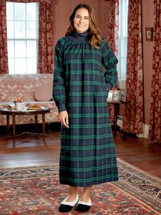 Long Sleeve Fall Nightgown For Sleep, Fall Sleepwear For Bedtime, Winter Loungewear Nightgown, Long Sleeve Fall Sleep Dress, Long Sleeve Sleep Dress For Fall, Black Watch Plaid, Flannel Robe, Sleeping Dress, Flannel Nightgown