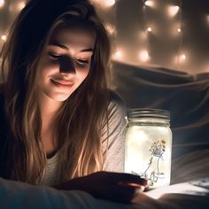 a woman is looking at her phone while sitting in bed with lights on the wall behind her