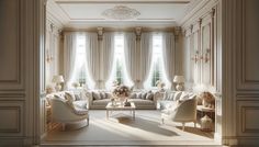 an elegant living room with white furniture and curtains on the windowsills is pictured in this image