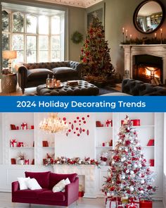 christmas decorations are displayed in the living room and on the fireplace mantel for holiday decorating