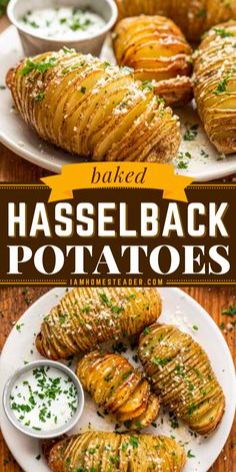 baked hasselback potatoes on a white plate