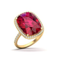 a ring with a large red stone surrounded by small white diamonds on the sides and gold band