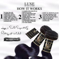 Enhance your hair business with our chic templates from Luxe DigiLab. Perfect hair wraps and hair tags for hair bundles, wigs, hair extensions and hair businesses. Our Canva designs feature a sleek black and gold color palette that exudes style and elegance. Our unique visuals set your brand apart. Key Features: - Easily editable templates designed to save time and create professional designs for hair wraps (5 x 1.5 inches) and tags (8.5 x 5 cm). - Establish trust and professional branding to increase client engagement. - Life-long access to the Canva templates. - Variety of branding materials to maintain professionalism across all aspects - from website banners to hair accessory branding. - All elements in the designs are free to download for both Canva Pro and Canva Free versions. - DIY Hair Extensions Box Packaging, Hair Extension Packaging Ideas, Hair Extension Packaging Boxes, Luxury Hair Extensions Branding, Black And Gold Aesthetic, Hair Extension Brands, Gold Color Palettes, Gold Aesthetic, Business Hairstyles