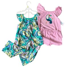 Pictured Carters Girls 4 Piece Summer Pajama Set. First Set Is Pink With A Pink Short Sleeve Top Featuring An Appliqud Parrot And Embroidered Flowers On The Front And A Pair Of Pink Shorts With White Polka Dots. The Second Pair Is Green With A Large Floral Pattern. Size 4t Nwt. Grab This Carter’s Girls 4 Piece Summer Pajama Set Now. Spring Matching Sets For Sleepover, Playful Pink Matching Set Sleepwear, Pink Bedtime Sets For Spring, Pink Spring Bedtime Sets, Playful Bedtime Sets For Spring, Playful Sleepwear For Spring Sleepover, Pink Sleepwear For Summer Playtime, Pink Spring Sleepover Sets, Playful Spring Sleepover Sets