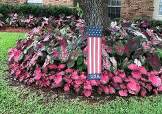 the american flag is on top of this flower bed