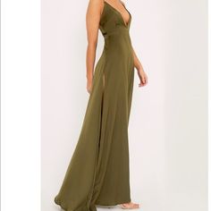 New With Tags Plt Olive Green Dress With Side Split. Size 6 Us Olive Maxi Dress For Party, Green Backless Dress For Casual Wear, Olive Fitted Maxi Dress, Fitted Olive Elegant Maxi Dress, Olive Fitted Dress For Party, Elegant Olive Evening Dress, Elegant Olive Maxi Dress For Spring, Elegant Olive Maxi Dress For Summer, Elegant Fitted Olive Dress